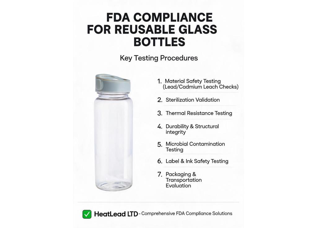 What testing procedures ensure compliance with FDA regulations for reusable glass bottles?