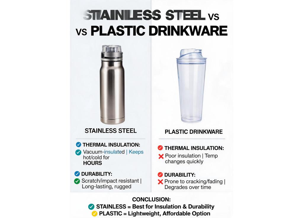 How do stainless steel and plastic compare in terms of thermal insulation and durability for drinkware?