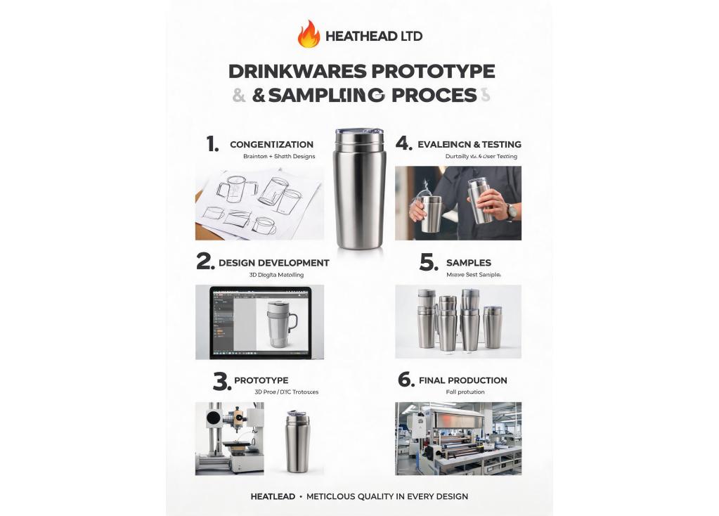 Can you provide a step-by-step explanation of your prototype and sampling process for new drinkware designs?