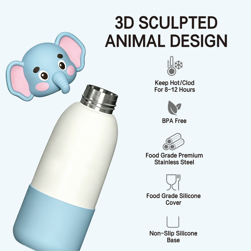 Kids Insulated Water Bottle 500ml - 3D Animal Lid, BPA-Free