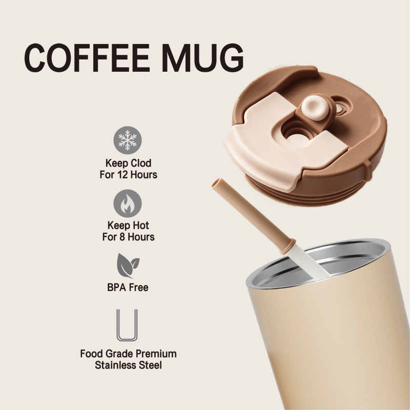 Custom Stainless Steel Vacuum Coffee Mug 350/500ml with 2-in-1 Straw