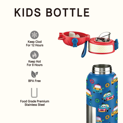 Double Wall Insulated Kids Water Bottle 350ml with Straw Lid