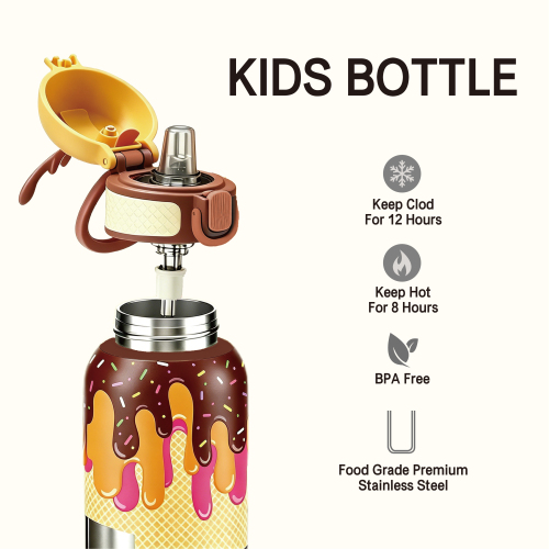 Kids 350ml Insulated Stainless Steel Water Bottle with Straw Lid