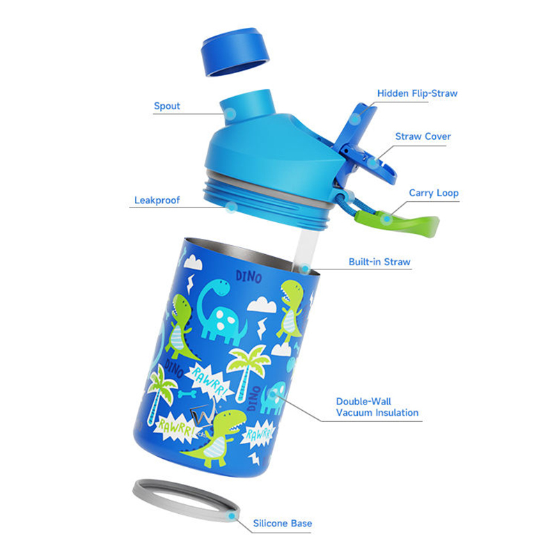 Custom Dinosaur Kids Water Bottle 12oz Vacuum Insulated 2in1