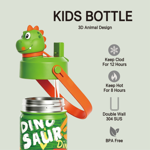 Dinosaur 2026 Kids Water Bottle, Insulated, BPA Free, 2-in-1