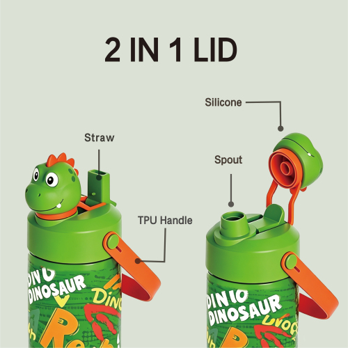 Dinosaur 2026 Kids Water Bottle, Insulated, BPA Free, 2-in-1