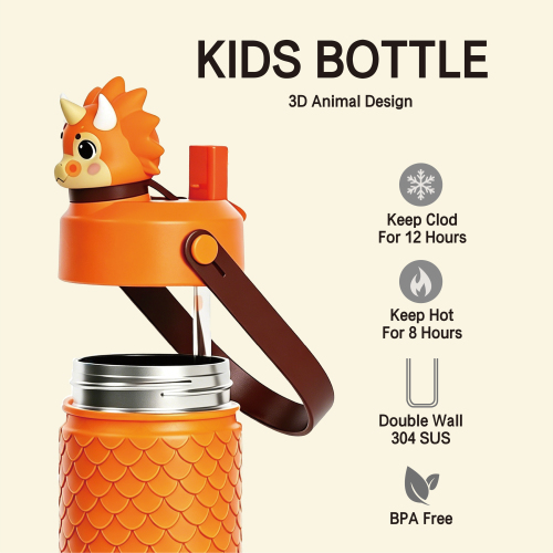 Kids Double Wall Vacuum Water Bottle 3D Animal Lid