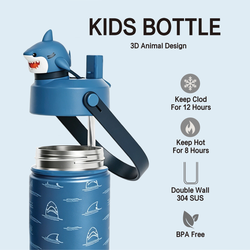 3D Shark Fancy Boy Water Bottle - 2-in-1 Lid, Food Grade
