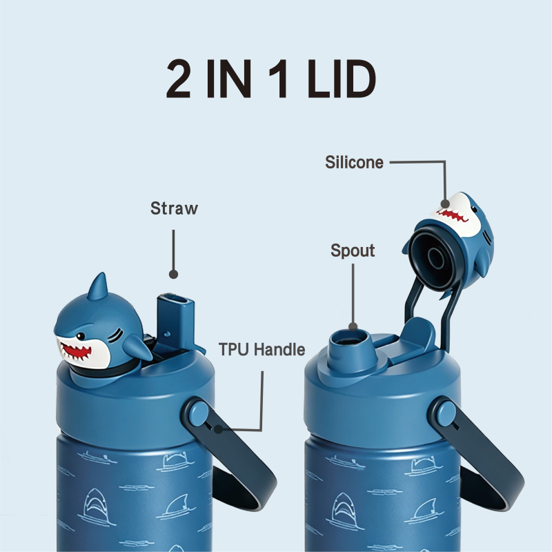 3D Shark Fancy Boy Water Bottle - 2-in-1 Lid, Food Grade