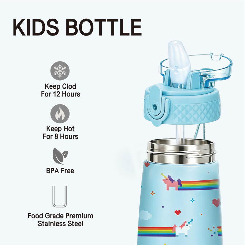 Custom Logo BPA Free Kids Water Bottle 420ml Straw Lid & Handle