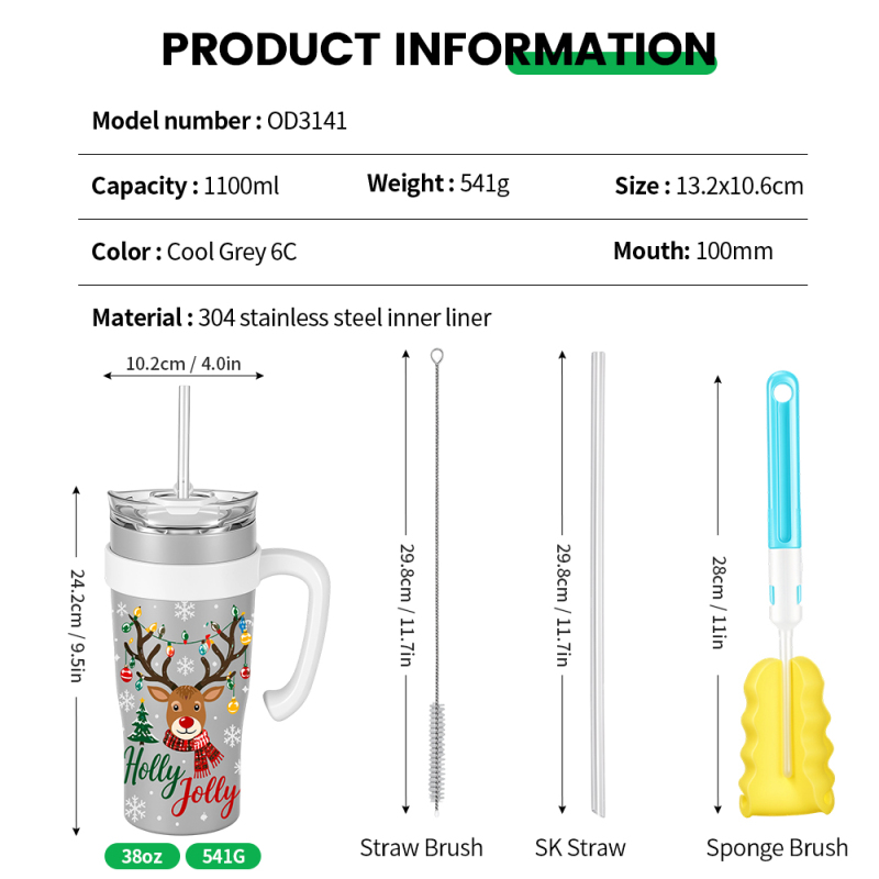 Mucr 38 oz Insulated Car Mug with Handle and Straw Ceramic Coated Interior Double Wall Vacuum Stainless Steel Tumbler Leakproof Fits Cup Holder
