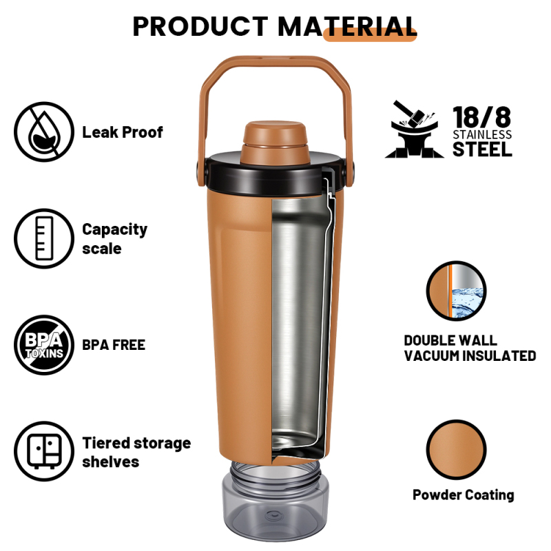 Mucr 20 oz Insulated Shaker Bottle with Handle Double Wall Vacuum Stainless Steel Leakproof Protein Shaker with Bottom Storage for Gym