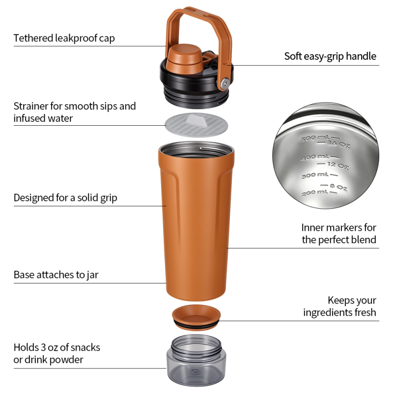 Mucr 20 oz Insulated Shaker Bottle with Handle Double Wall Vacuum Stainless Steel Leakproof Protein Shaker with Bottom Storage for Gym