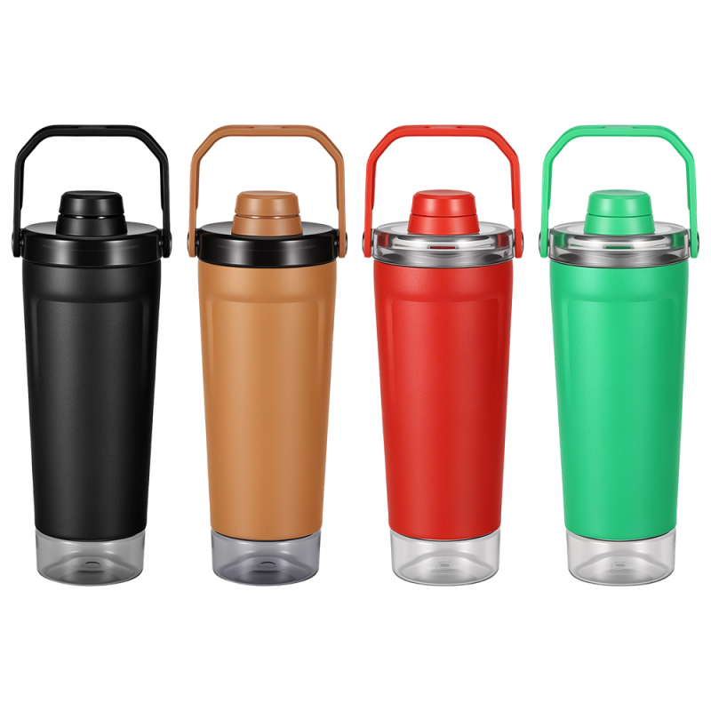 Mucr 20 oz Insulated Shaker Bottle with Handle Double Wall Vacuum Stainless Steel Leakproof Protein Shaker with Bottom Storage for Gym
