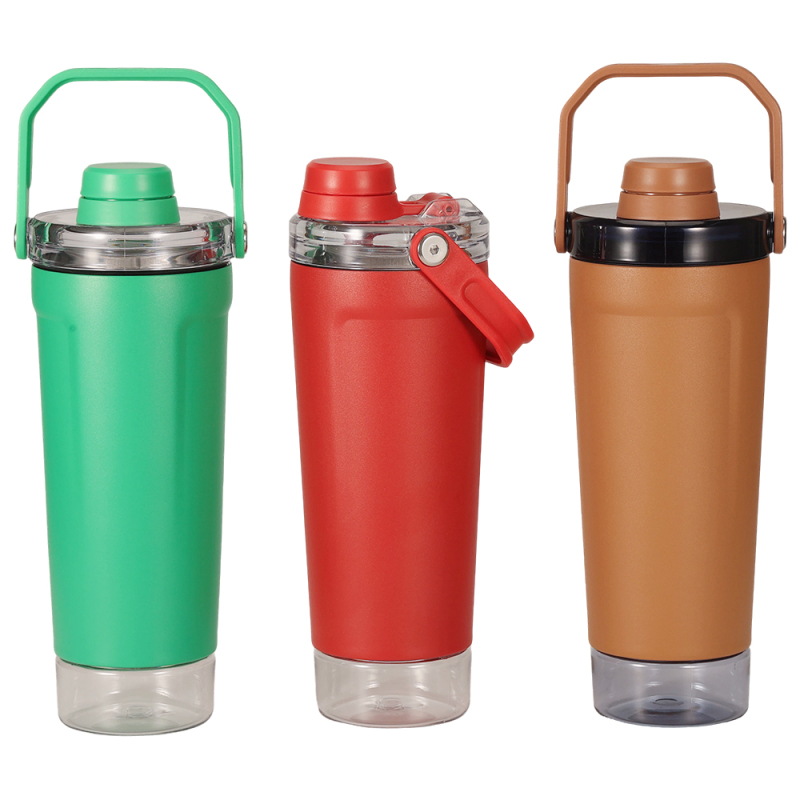 Mucr 20 oz Insulated Shaker Bottle with Handle Double Wall Vacuum Stainless Steel Leakproof Protein Shaker with Bottom Storage for Gym