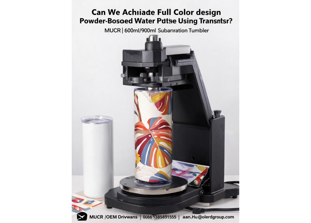 Can we achieve full-color designs on powder-coated water bottles using heat transfer?