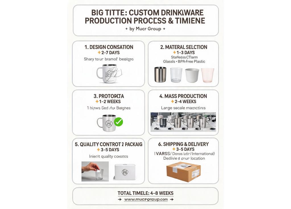 What is the typical process and timeline for custom drinkware production with a manufacturer?