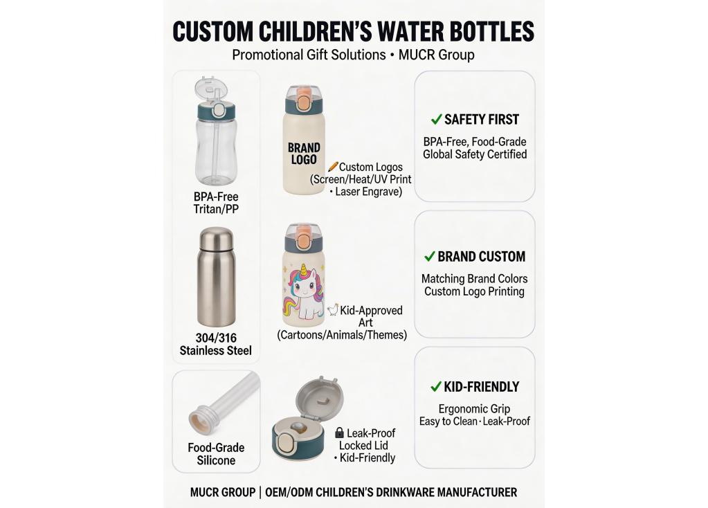 How can promotional gift companies customize children's water bottles with unique designs and safety features?