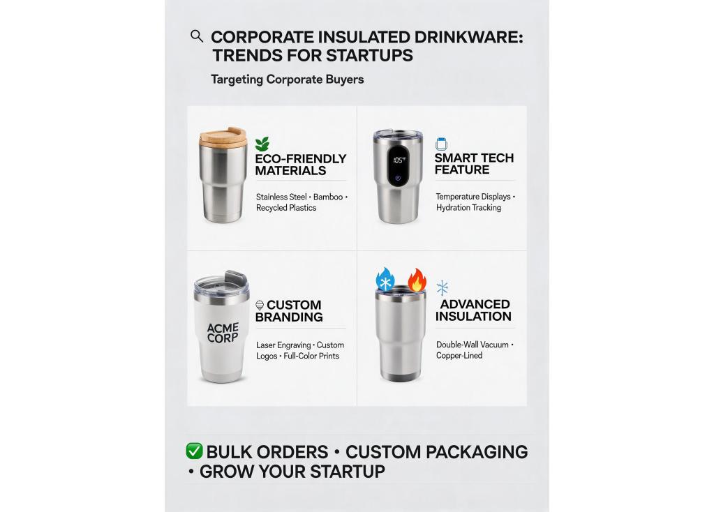 What are the latest trends and custom options for insulated drinkware startups targeting corporate buyers?