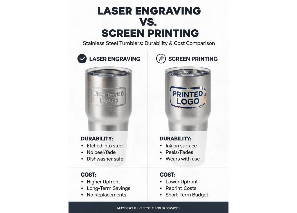 How does laser engraving compare to screen printing for stainless steel tumblers in terms of durability and cost?