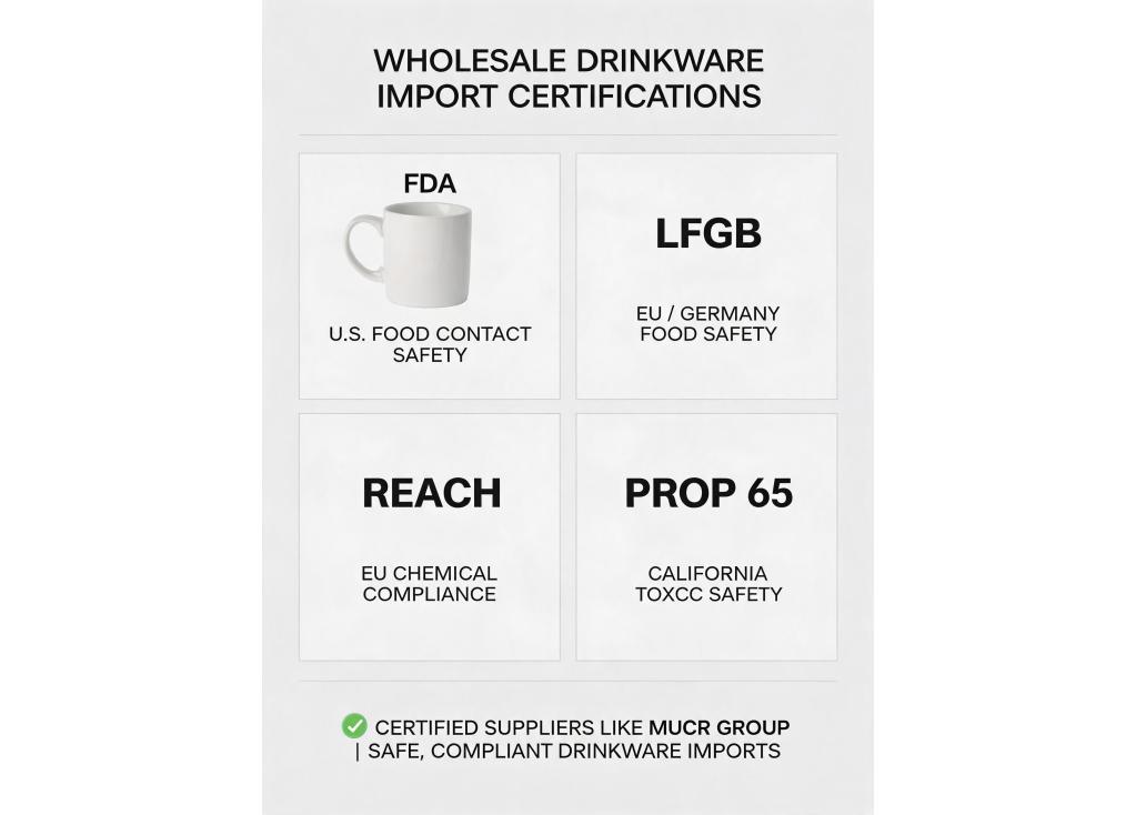 Which certifications (like FDA, LFGB) are required for wholesale drinkware import?