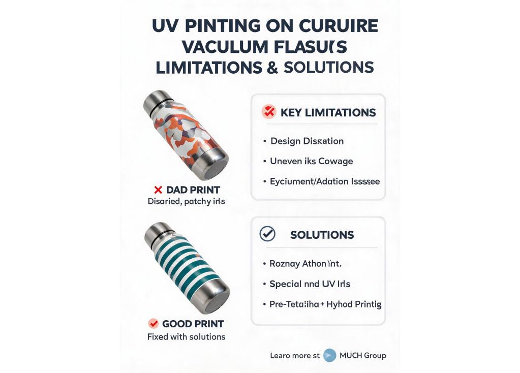 What are the limitations of UV printing on curved surfaces like vacuum flasks?