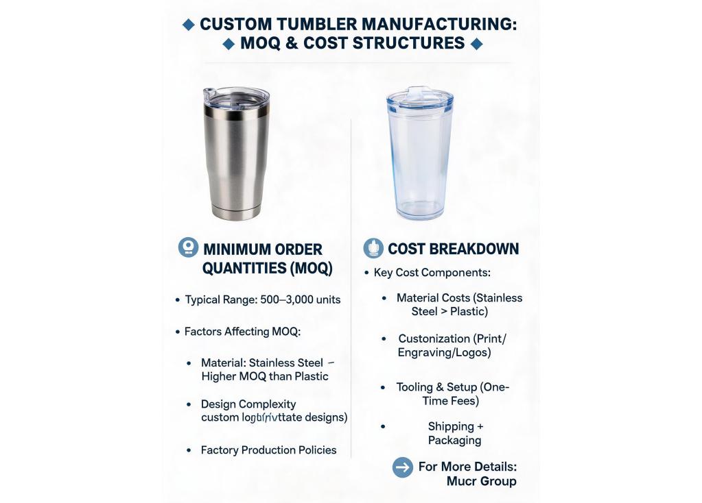 What are common minimum order quantities (MOQ) and cost structures for custom tumbler manufacturing?