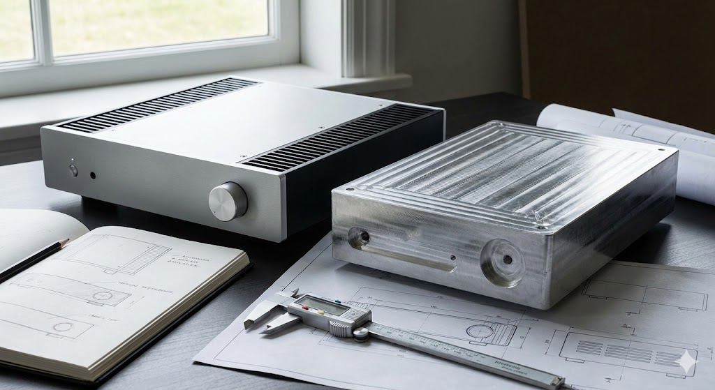 a finished aluminum device next to a raw on a designer's desk