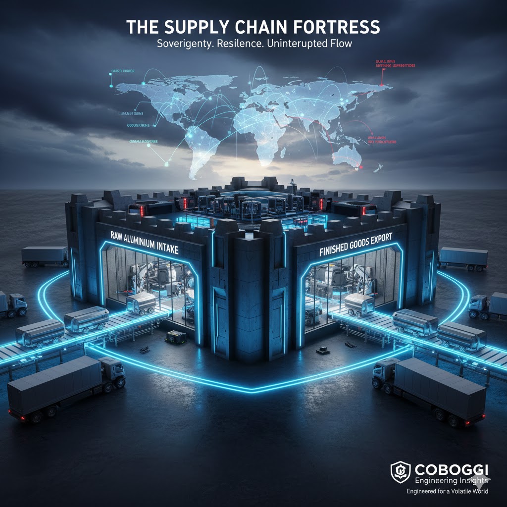 a high-tech logistics hub where aluminum billets are entering and finished