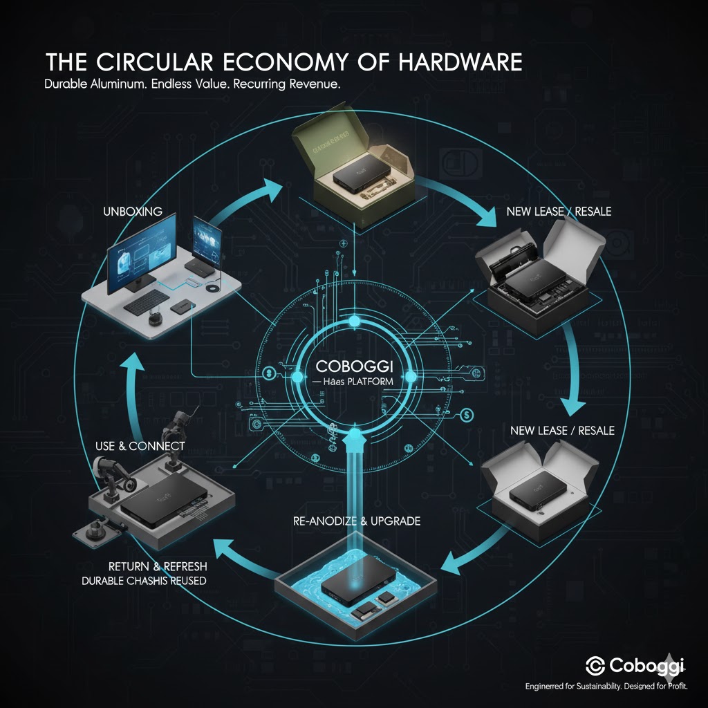 a sleek aluminum device being unboxed, used, and then renewed to show the lifecycle of the metal