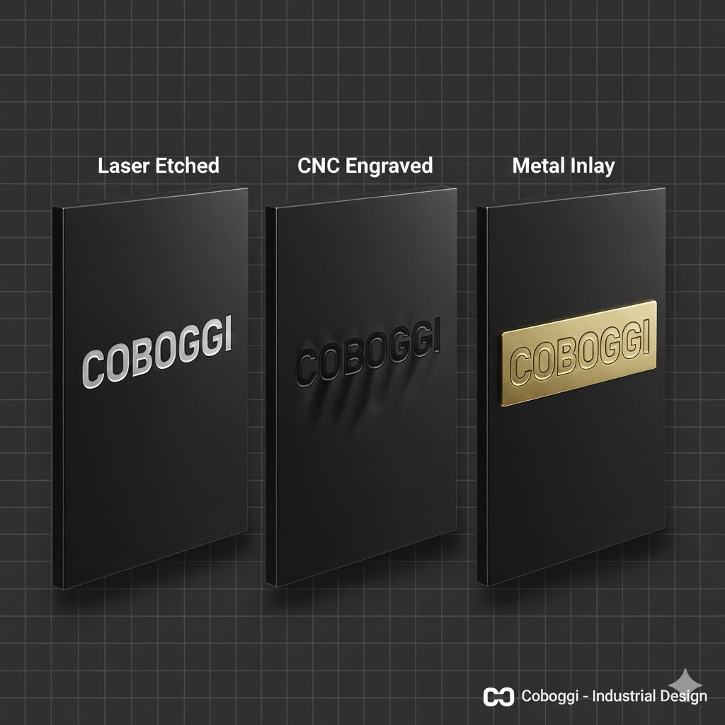 a comparison shot showing the same logo applied via Laser Etching, CNC Engraving, and Metal Inlay on a single aluminum panel