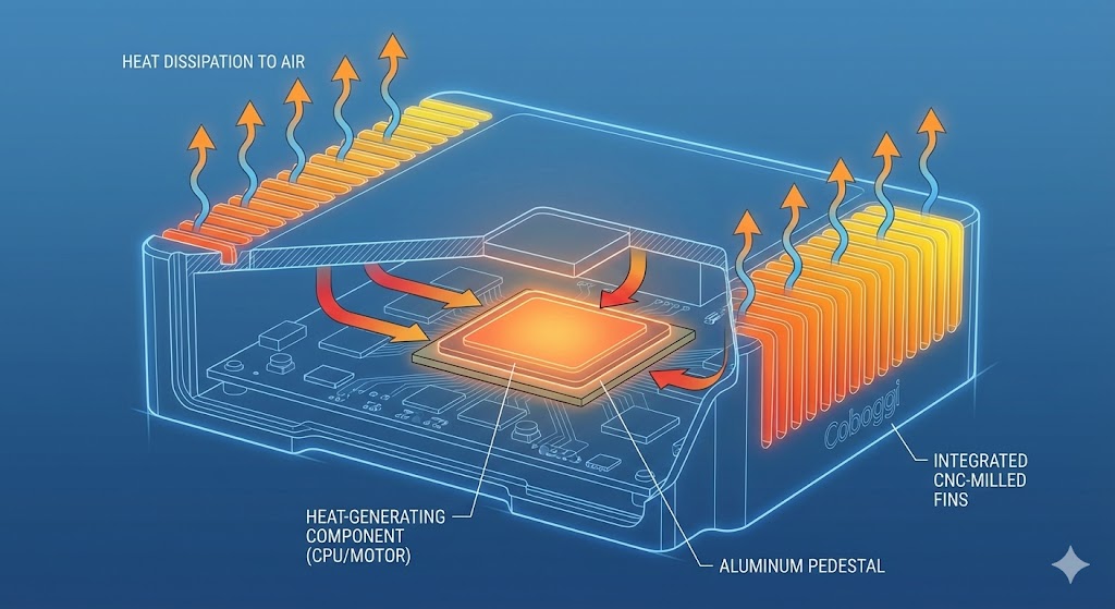 heat flowing from the internal components through the CNC-milled fins and dissipating into the air