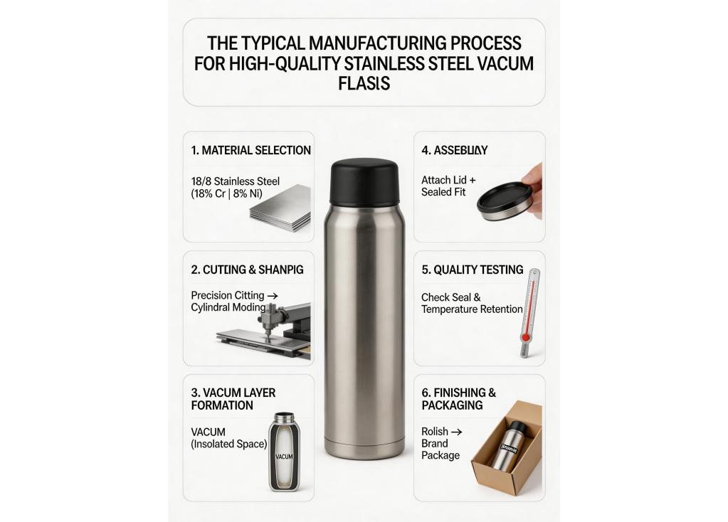 What is the typical manufacturing process for high-quality stainless steel vacuum flasks?