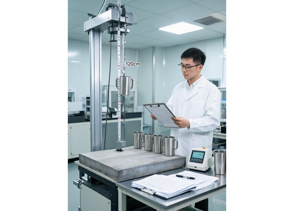 What are the standard drop test procedures for insulated mugs?