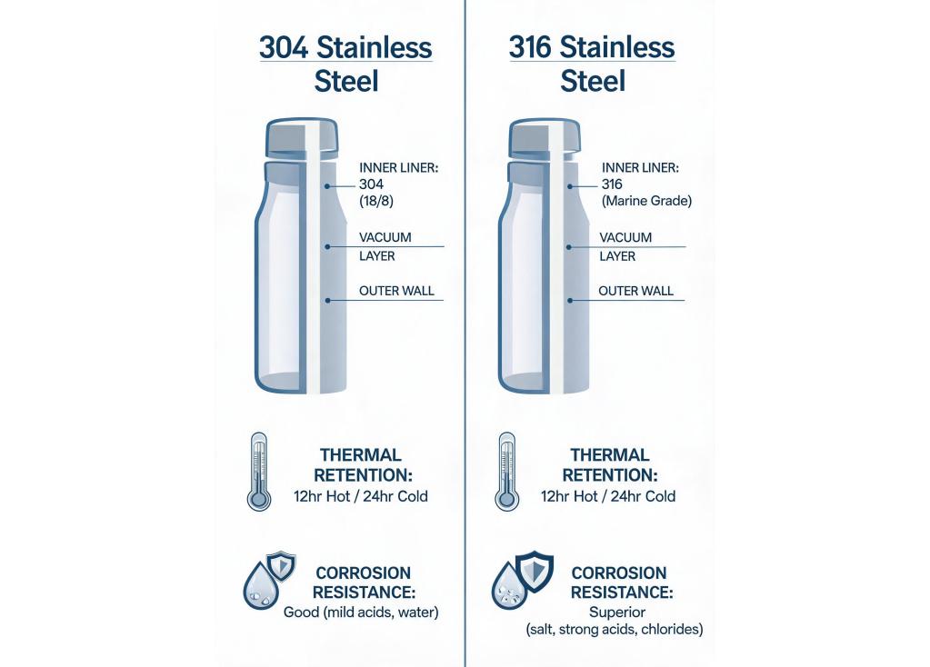How does the inner liner material (e.g., 304 stainless steel vs. 316 stainless steel) impact thermal retention and corrosion resistance?