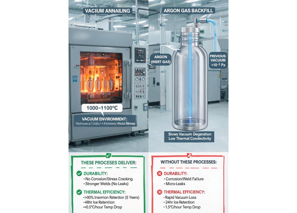 How do vacuum annealing and argon gas backfill processes affect the durability and thermal efficiency of insulated containers over time?