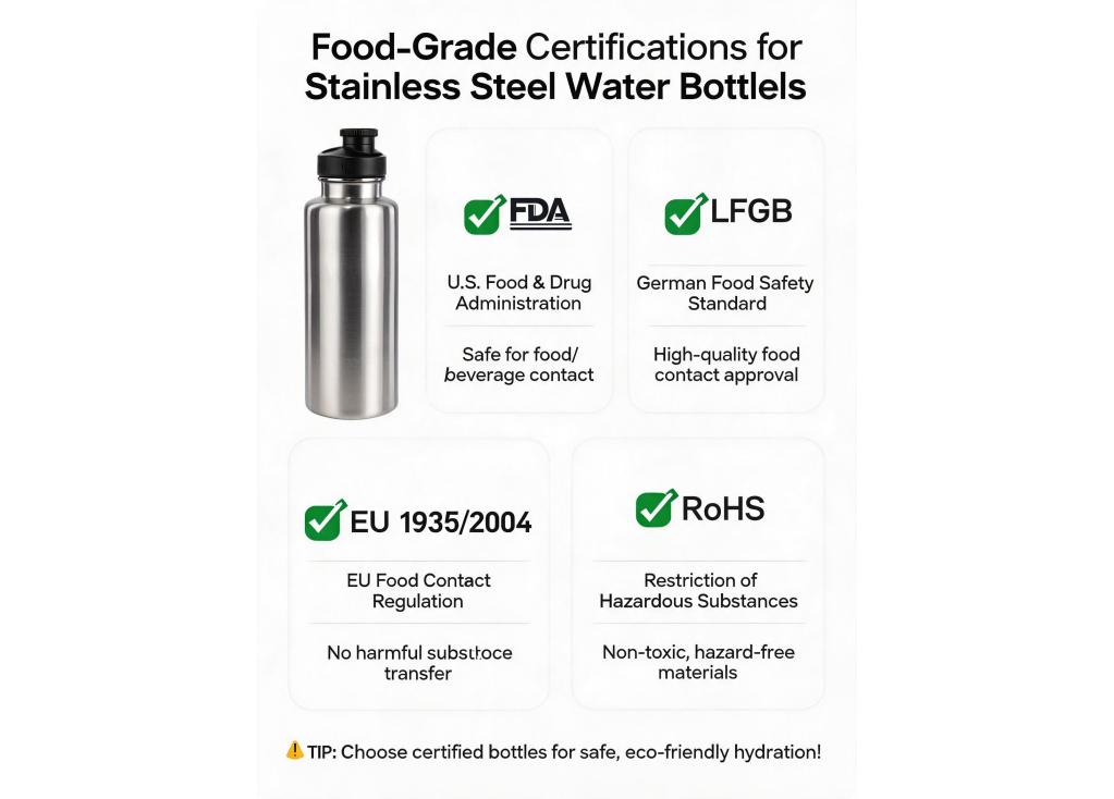 What food-grade certifications are required for stainless steel water bottles?