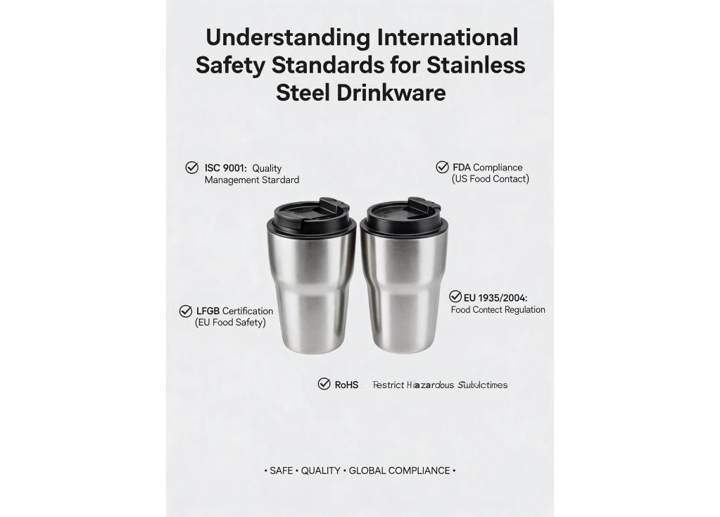 Which international safety standards apply to stainless steel drinkware?