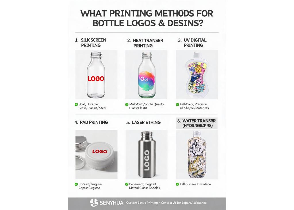 What printing methods can be used for logo and design on bottles?