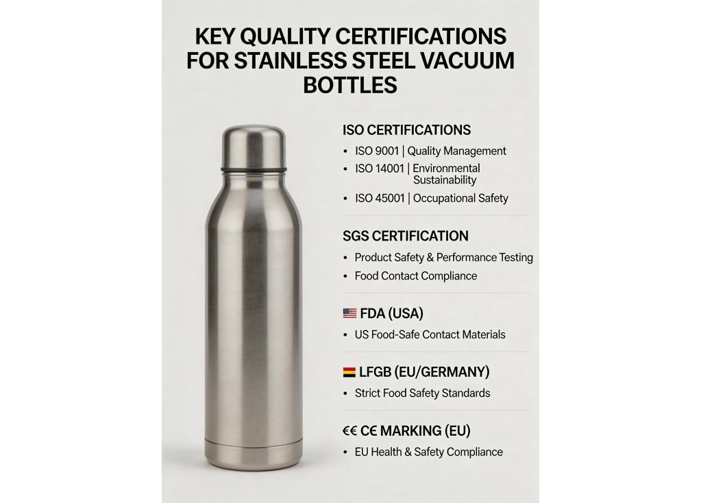 What are the key quality certifications for a reliable stainless steel vacuum bottle manufacturer?