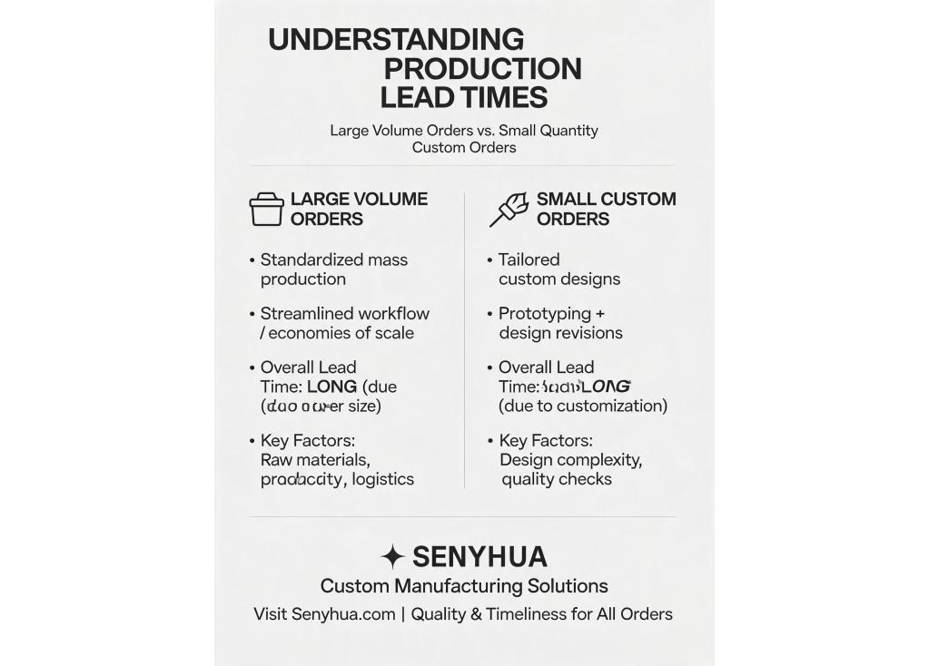 How do production lead times differ between large volume orders and small quantity custom orders?