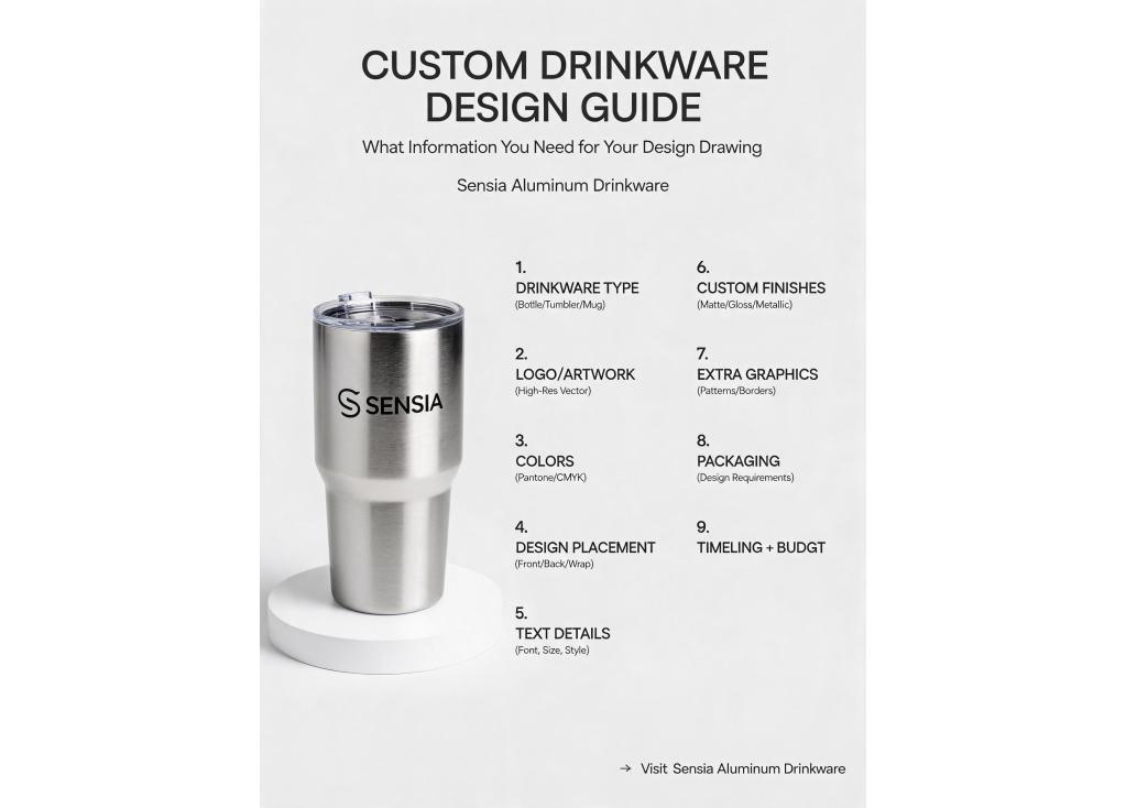 What information is needed to create a design drawing for custom drinkware?