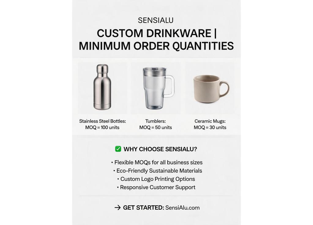 What are the minimum order quantities for custom drinkware with logo printing?