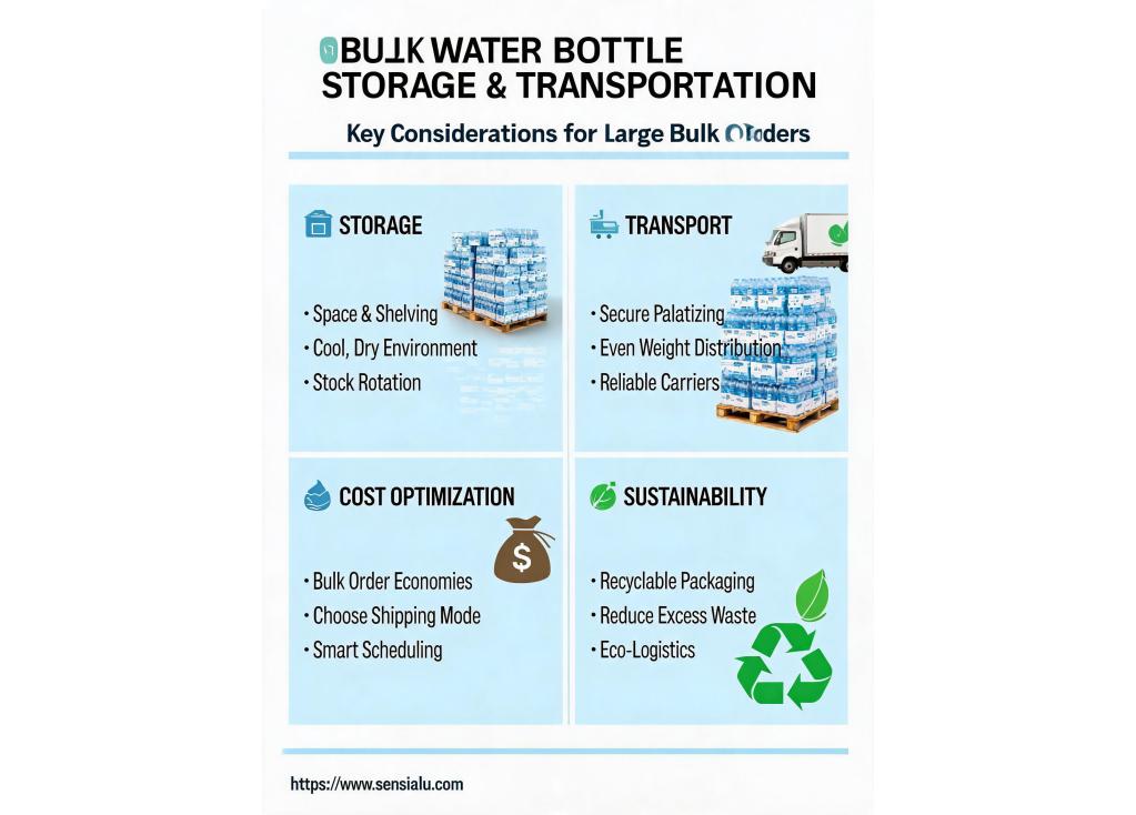 What are the storage and transportation considerations when ordering thousands of water bottles?