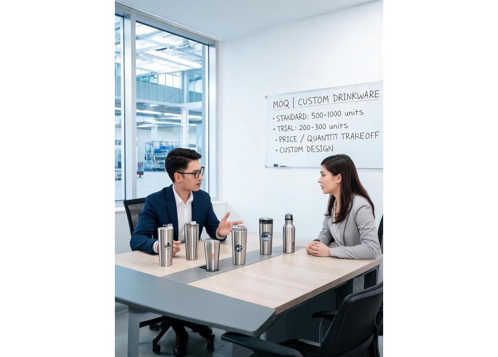 What is the typical minimum order quantity (MOQ) for custom drinkware for a small trial order?