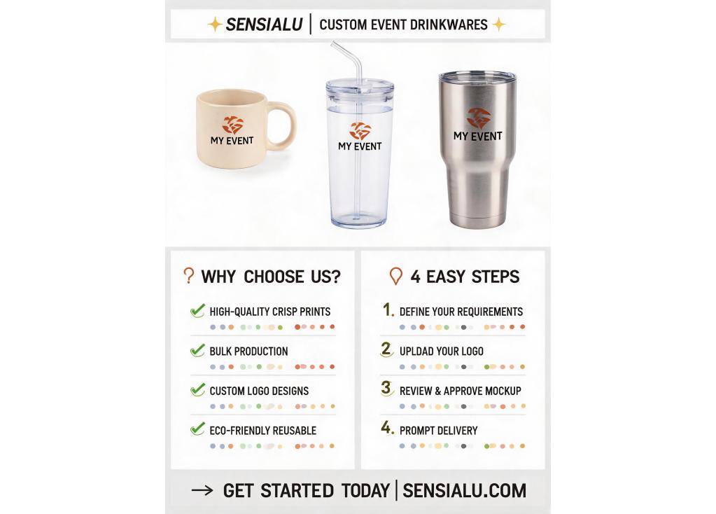 How can I get custom logos efficiently printed on large quantities of drinkware for an upcoming event?