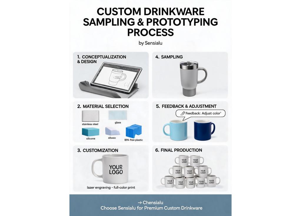 What is the process for sampling and prototyping custom drinkware designs?