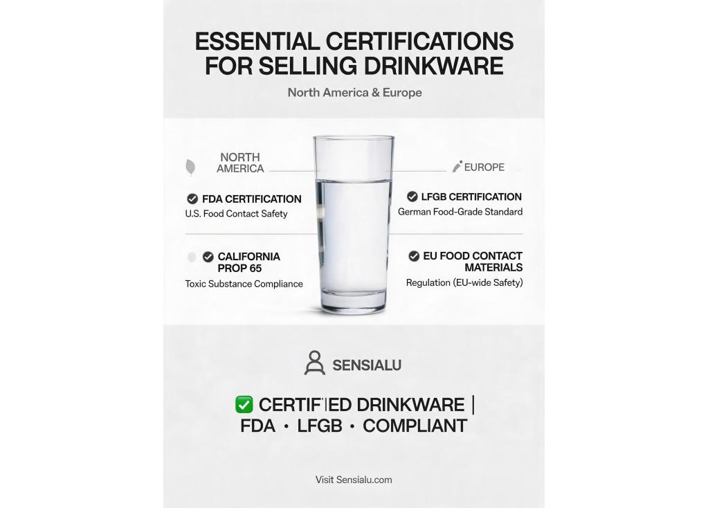 What certifications (e.g., FDA, LFGB) are important for selling drinkware in North America and Europe?
