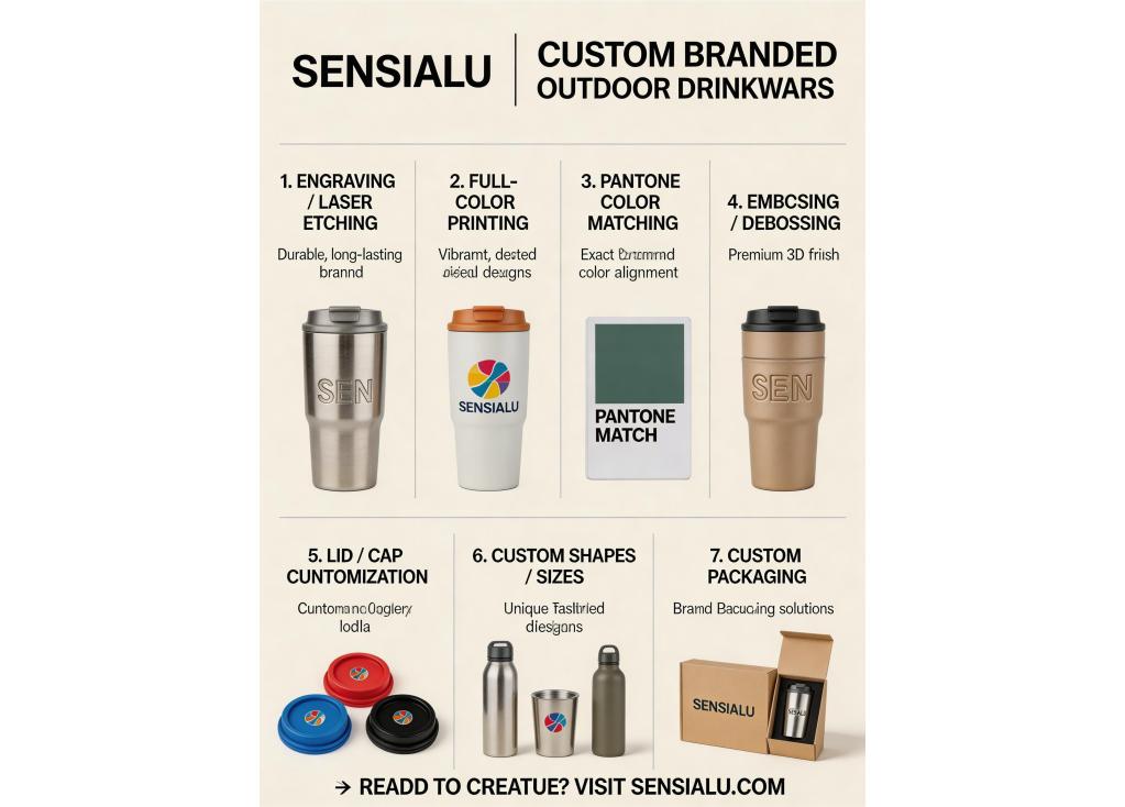 What are the common customization options available for branded outdoor drinkware?