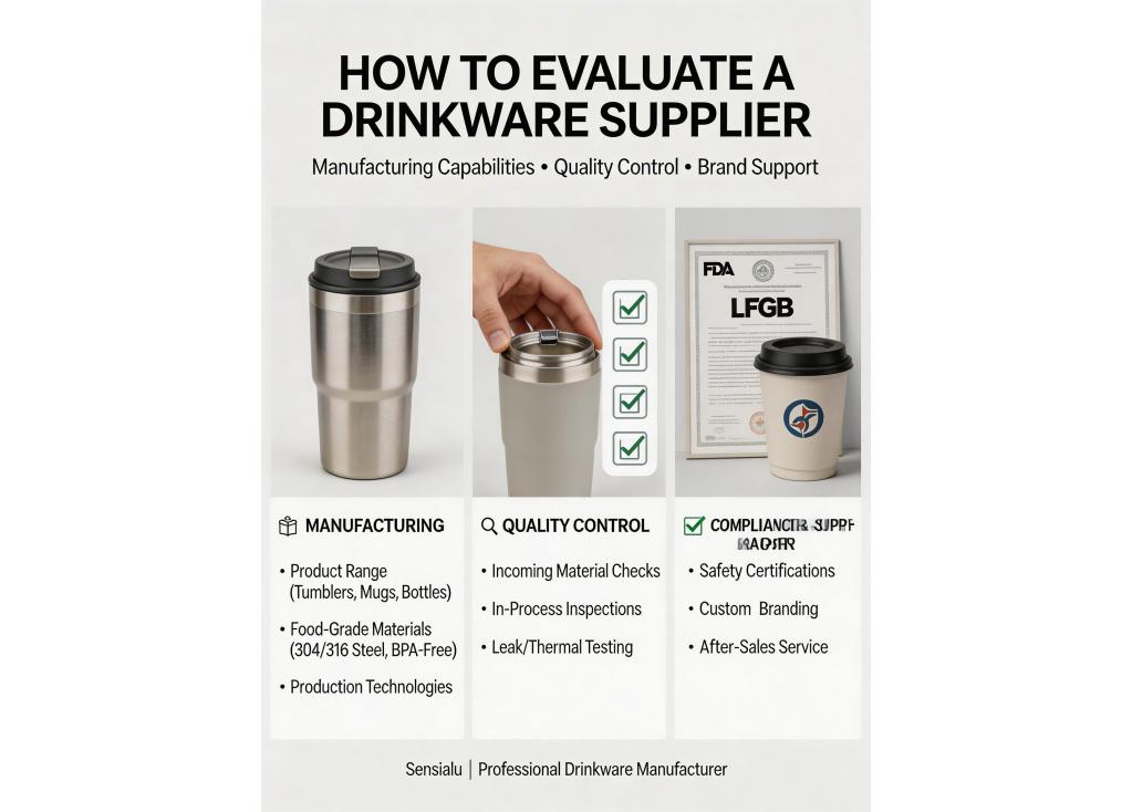 How do I evaluate the manufacturing capabilities and quality control processes of a drinkware supplier?